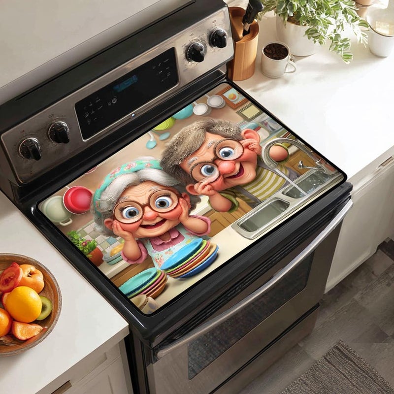 WRTCPOC Cute Grandpa and Grandma Stove Top Cover for Electric Stove,Funny Old Couple Glass Top Stove Cover Protector,Old Lady Glass Cooktop Covers Kitchen Flat Electric Stove Top Covers - Image 4
